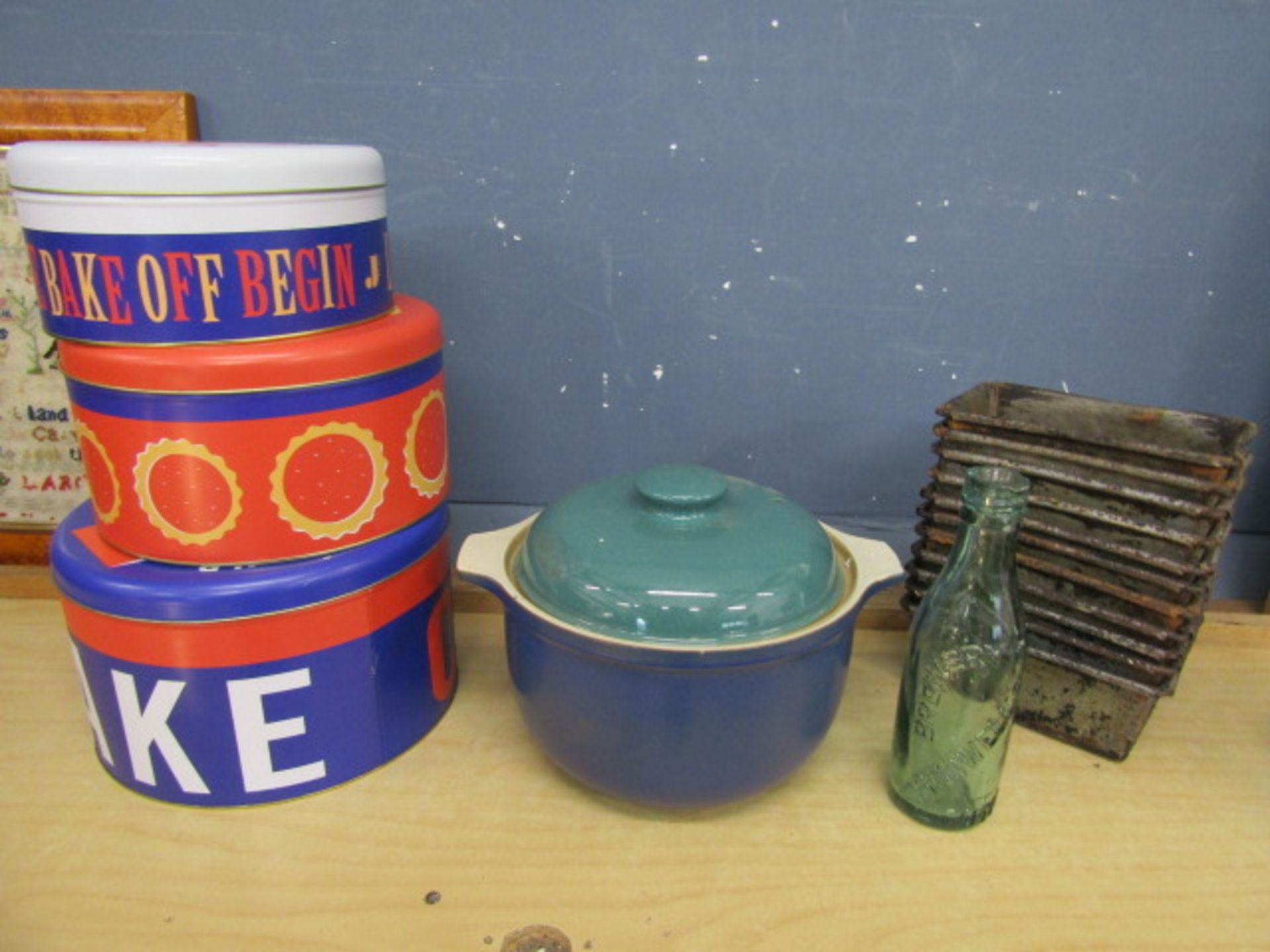 Macadams brass thermometer, Jamie Oliver cake tins, casserole pot, vintage bottle and cake tins