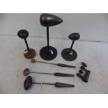 Assorted egg standing irons incl french model with table clamp