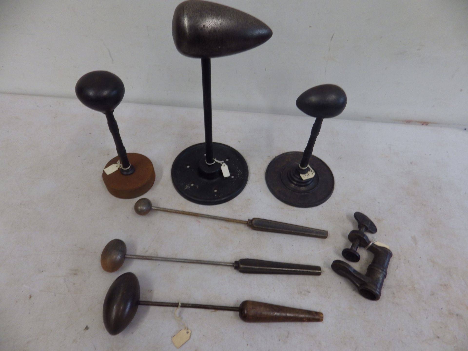 Assorted egg standing irons incl french model with table clamp