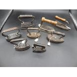 8 assorted minature irons to include hatters irons includes Geneva, TH, GC, Cannon, AK & Sons etc