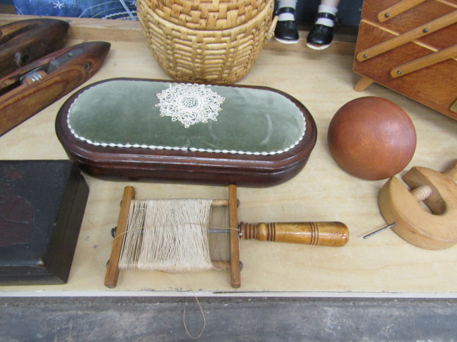 Sewing basket,  cantilever sewing box, sewing items, a porcelain faced doll, light globe and metal - Image 6 of 7