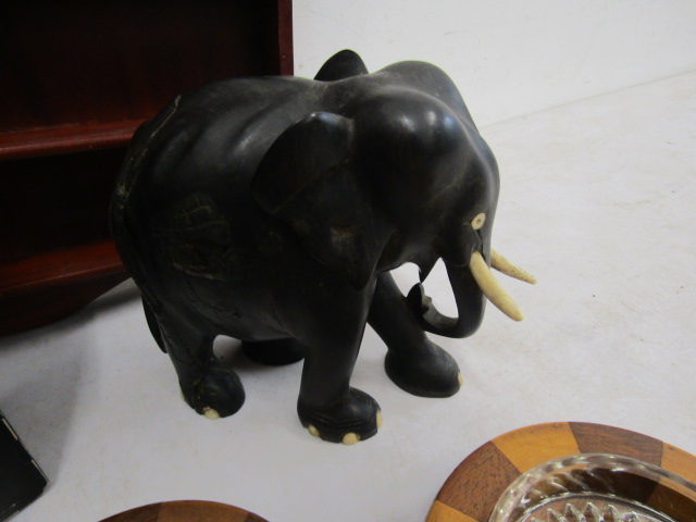 Collectors lot- treen candle holders, display shelf, trinket dishes, Ebony elephant etc - Image 4 of 5