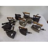 10 assorted gas irons to include Nurusl, Bow Bros, Thomas Bradford, Standard, Brostrom, Ibis