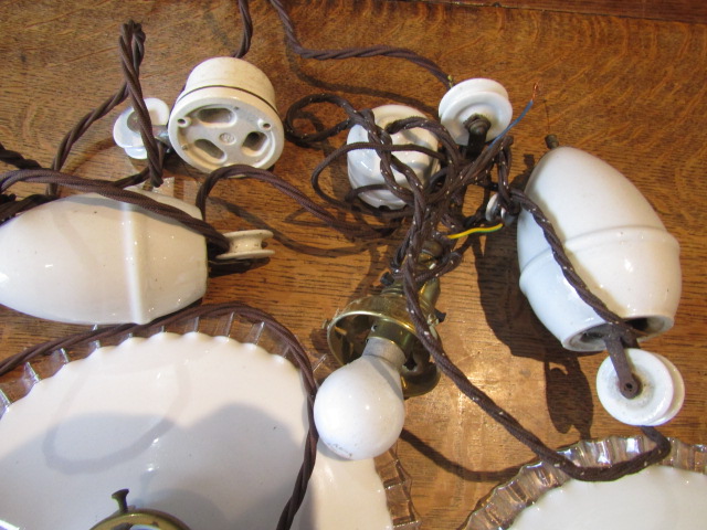 French drop lights with porcelain fixings plus a pair vintage glass shades (one cracked) - Image 3 of 5