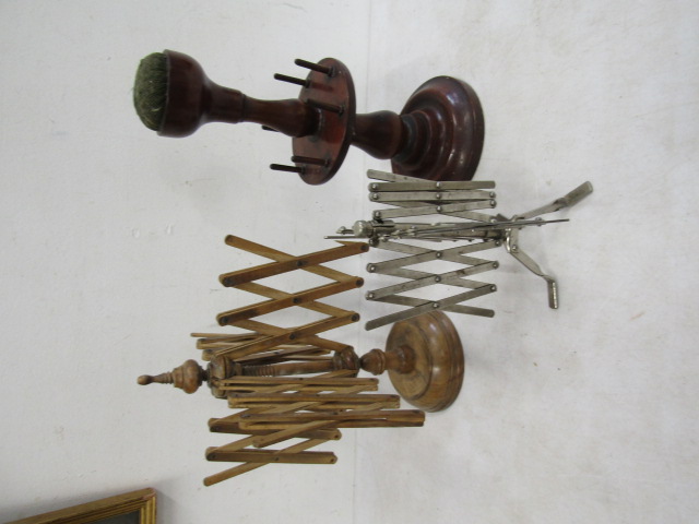 vintage wooden yarn winder and one metal and bobbin stand