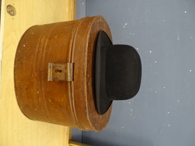 Vintage bowler hat in metal hat box size in pictures