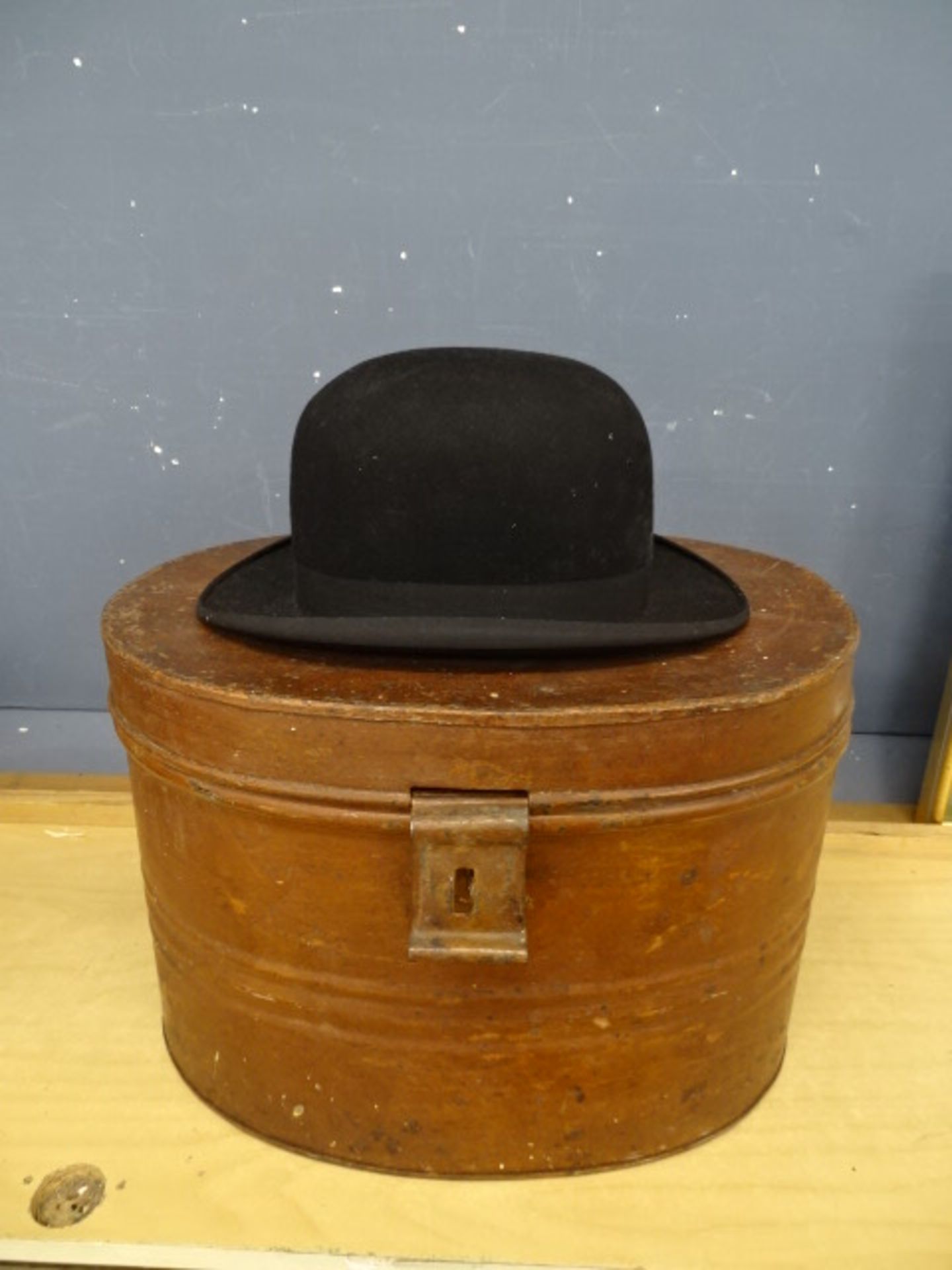 Vintage bowler hat in metal hat box size in pictures