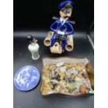 Ceramic hat pin stand with hat pins, a Naval man decanter with kegs (one has small crack),