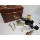 Collectors lot- copper powder flask, camera lens, cigatette box, razor etc all in a pilots bag