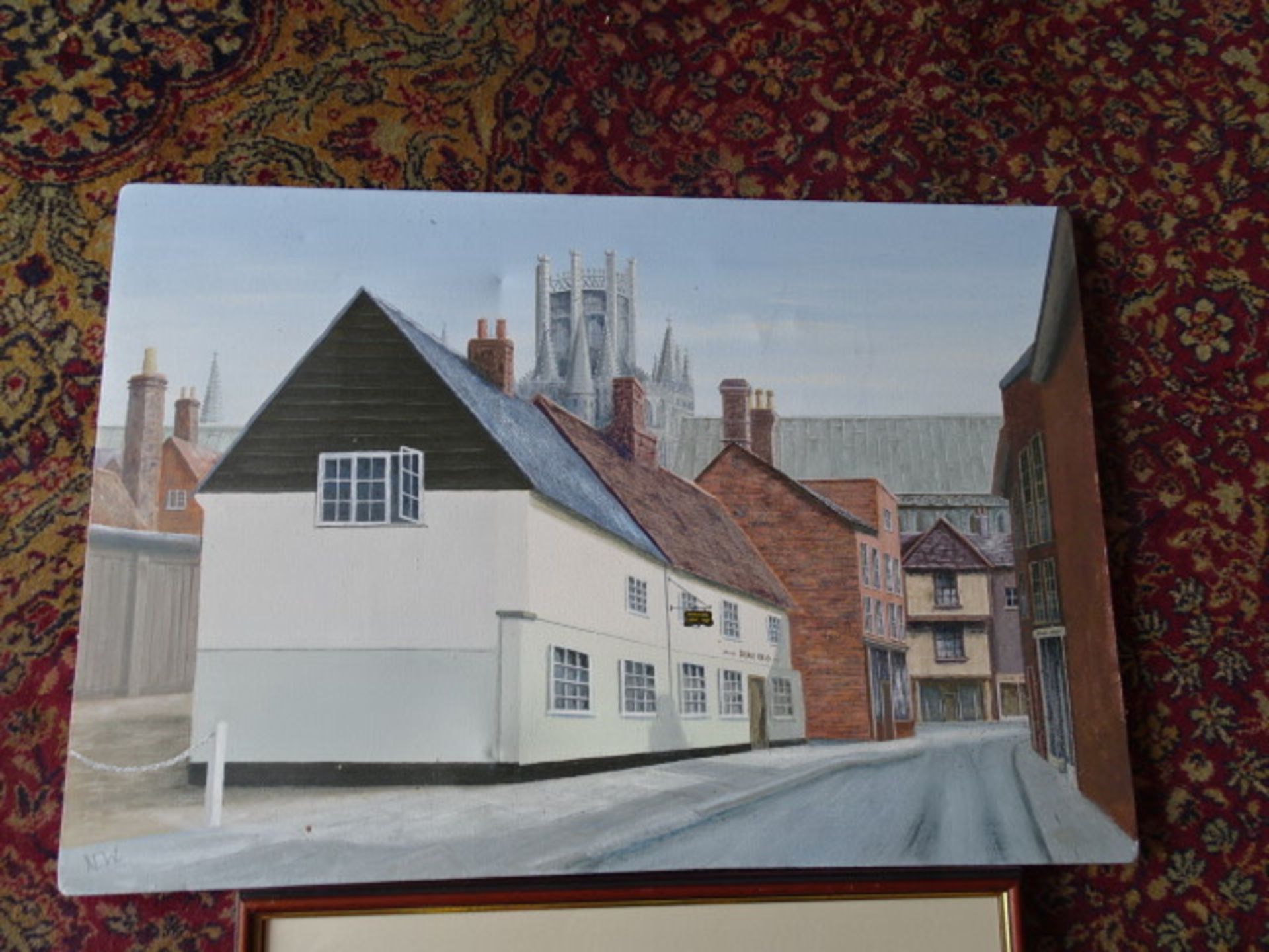 Oil on canvas of a pub signed N.W (58cm x 87cm approx) and a framed print of a house - Image 4 of 6