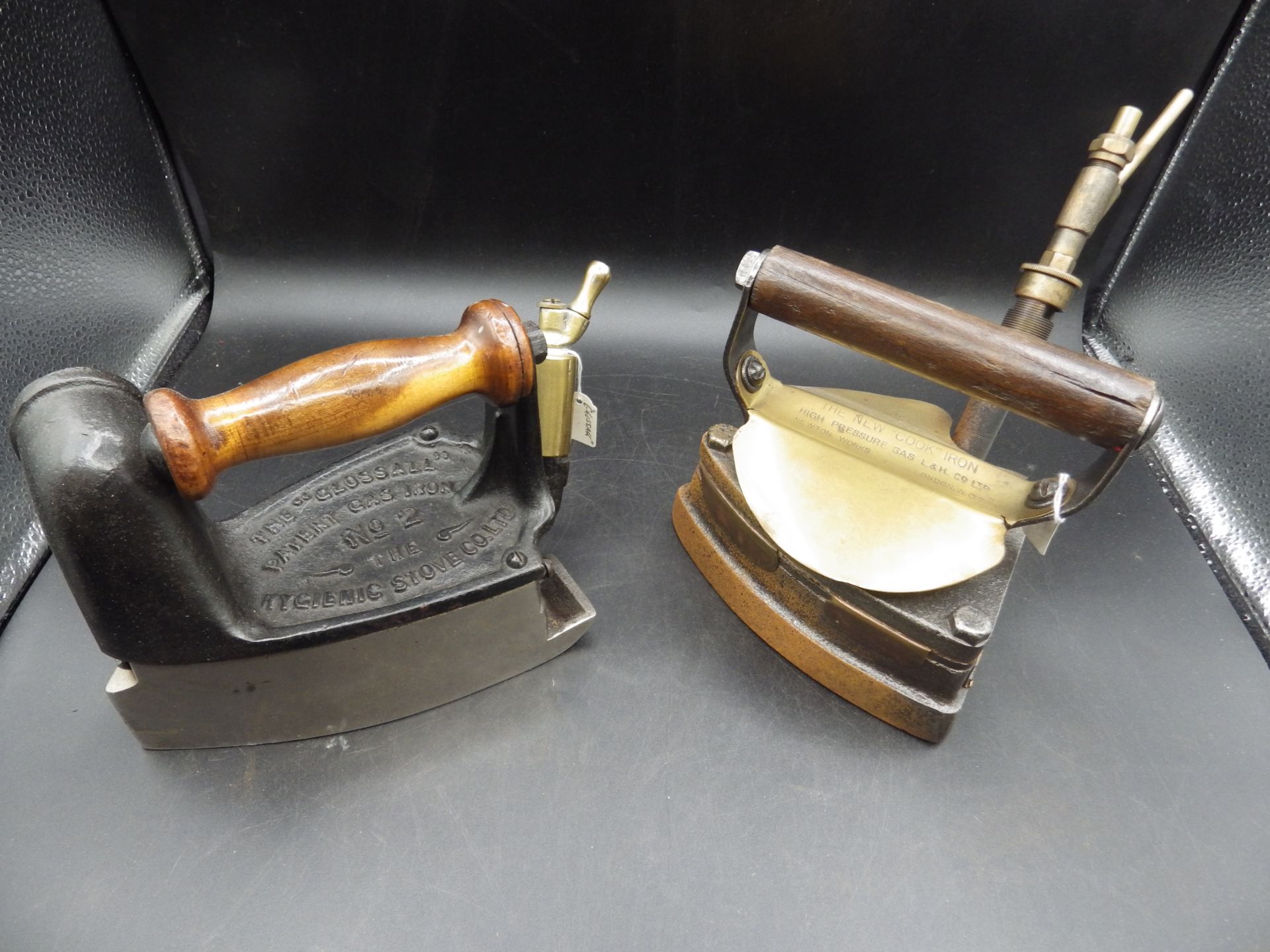 The L & H Co Ltd New "Cook" high pressure gas iron with brass shield together with the Glossall