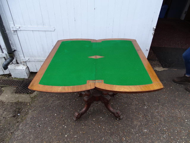 Fold out card/games table with ornate inlaid marquetry work to top H75cm Top 50cm x 101cm approx - Bild 4 aus 6