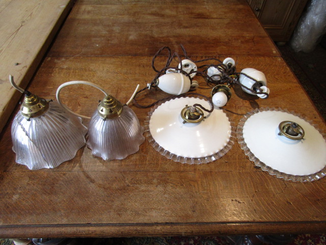 French drop lights with porcelain fixings plus a pair vintage glass shades (one cracked)