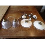 French drop lights with porcelain fixings plus a pair vintage glass shades (one cracked)