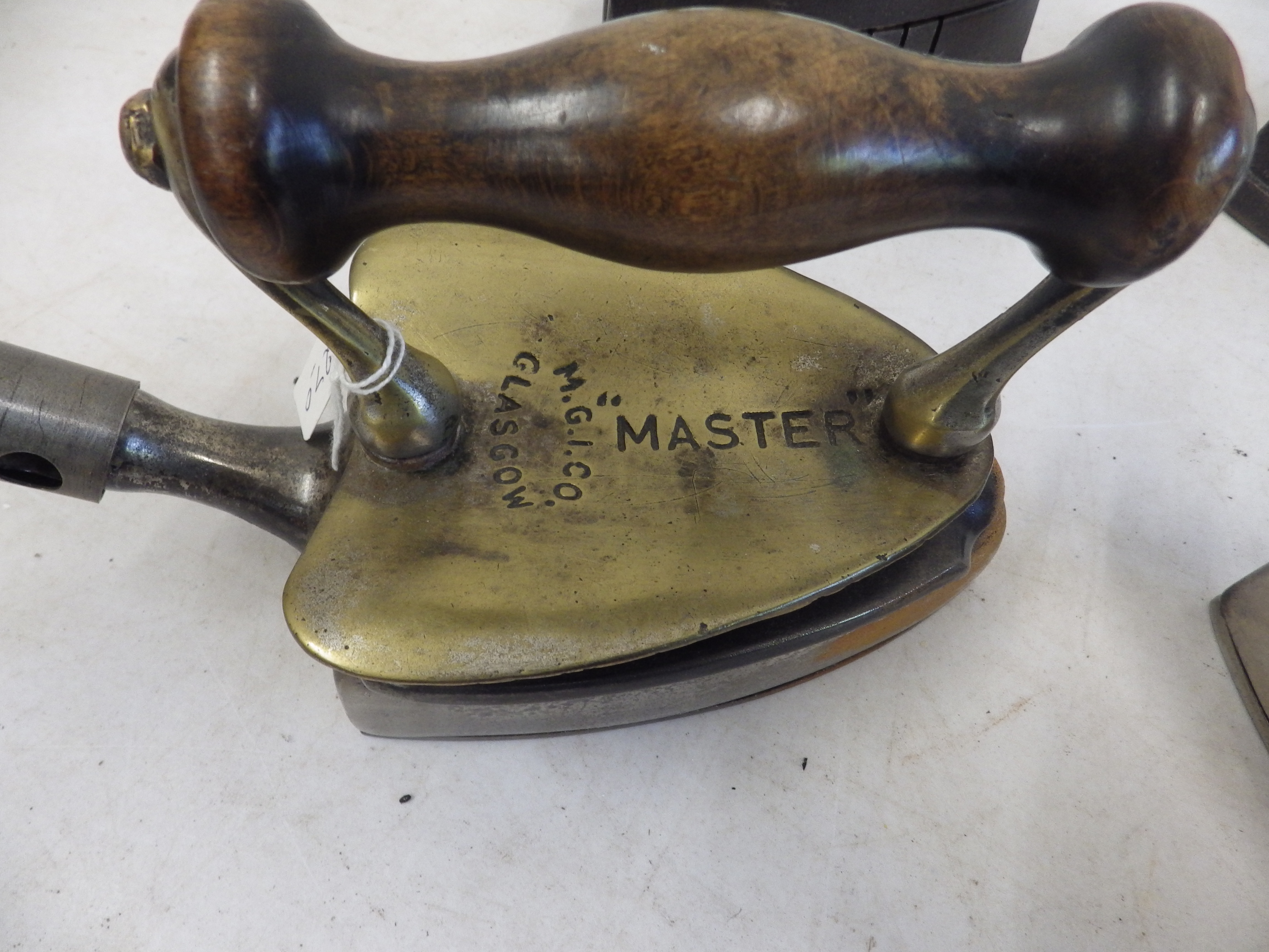 2 M G I Co Glasgow Master gas irons with copper/brass heat shields together with 2 Lister Bros No. - Image 3 of 6