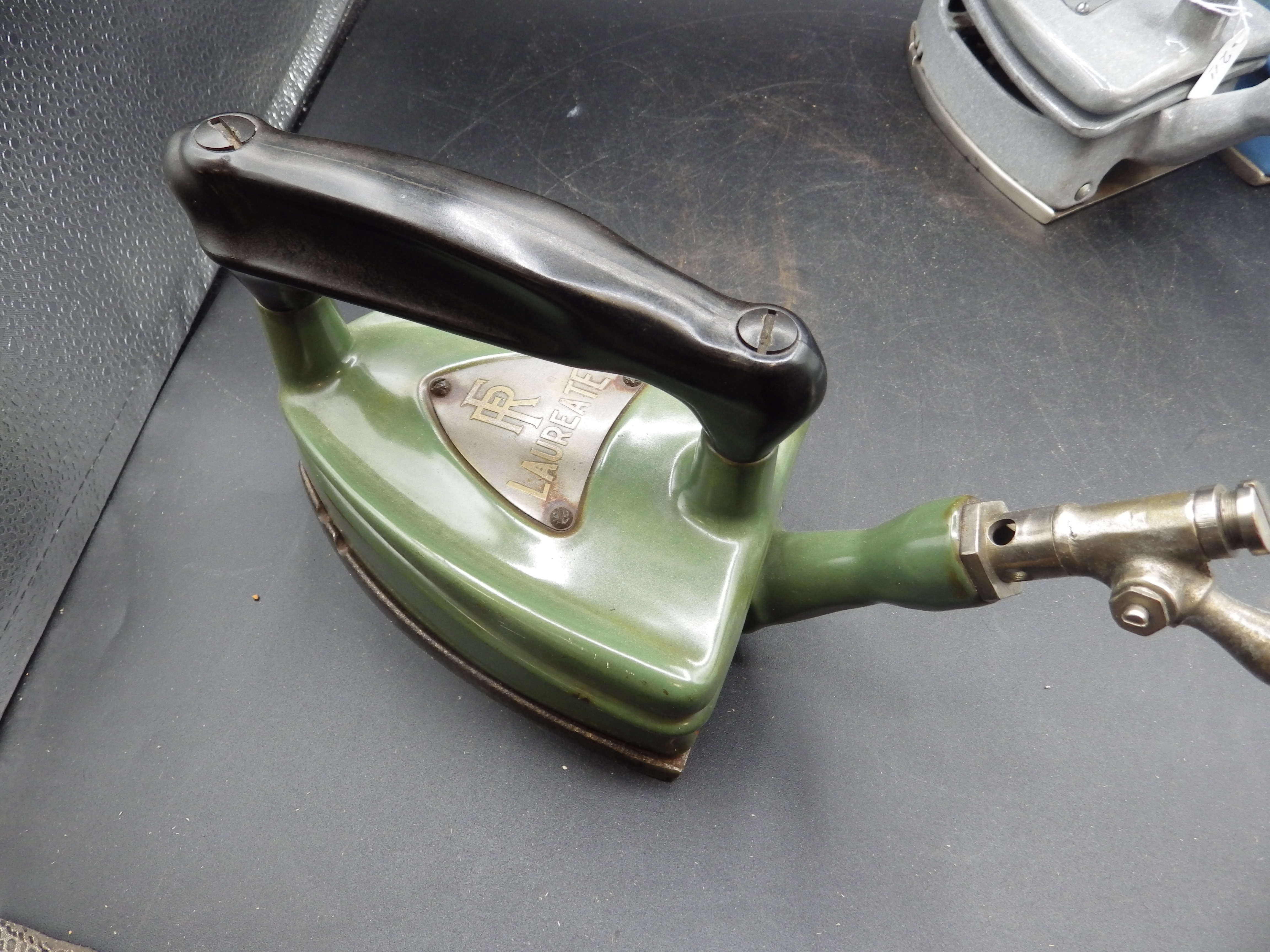 3 Fletcher Russell Laureate enamel gas irons in blue, green and grey - Image 8 of 8