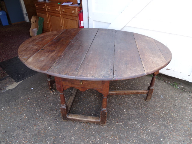 Large antique oak drop leaf dining table with drawer each end