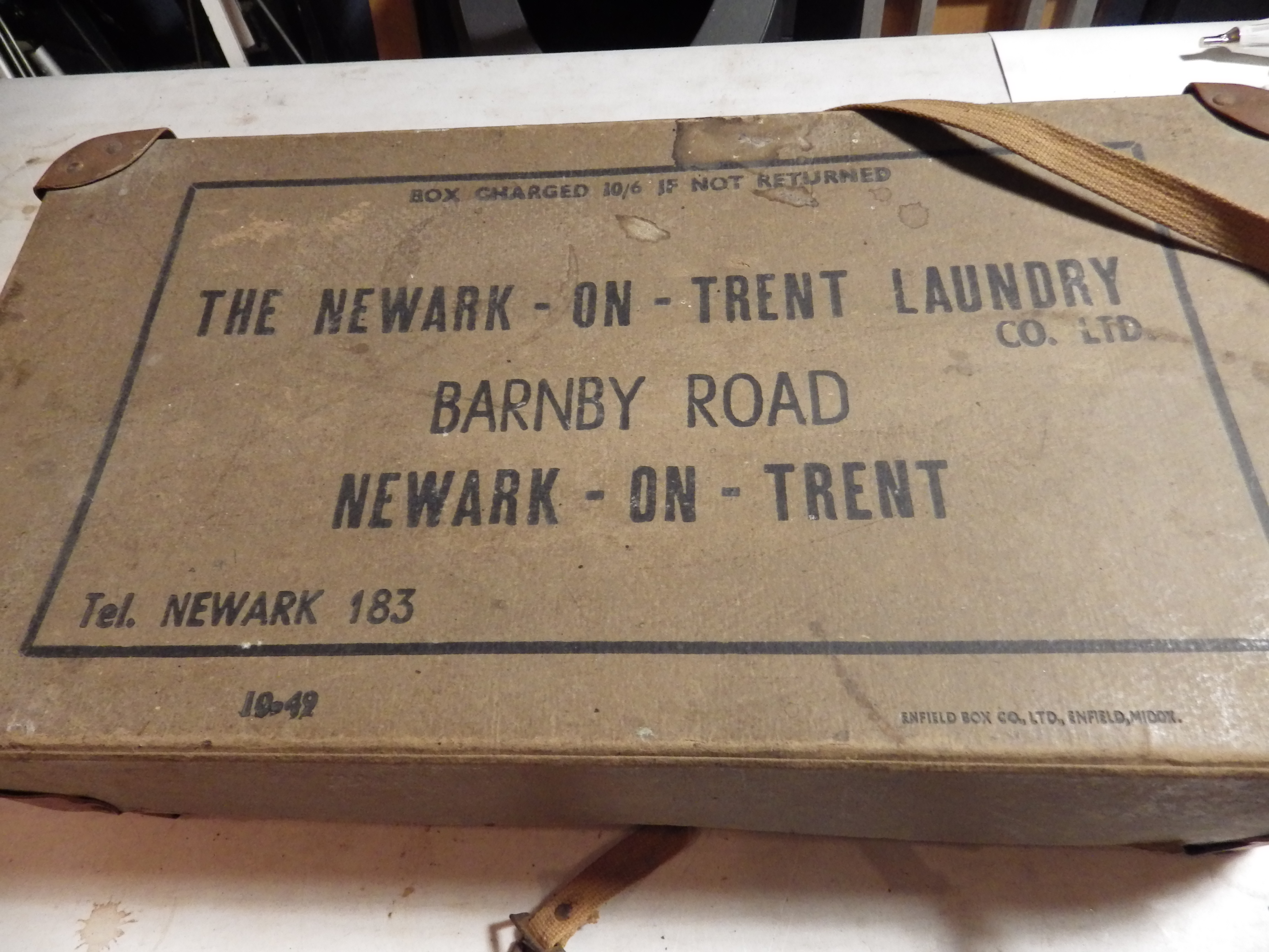 The Newark on Trent Laundry Co ltd box with contents incl Henry Heath gas hatters iron, lignum vitae - Image 2 of 5