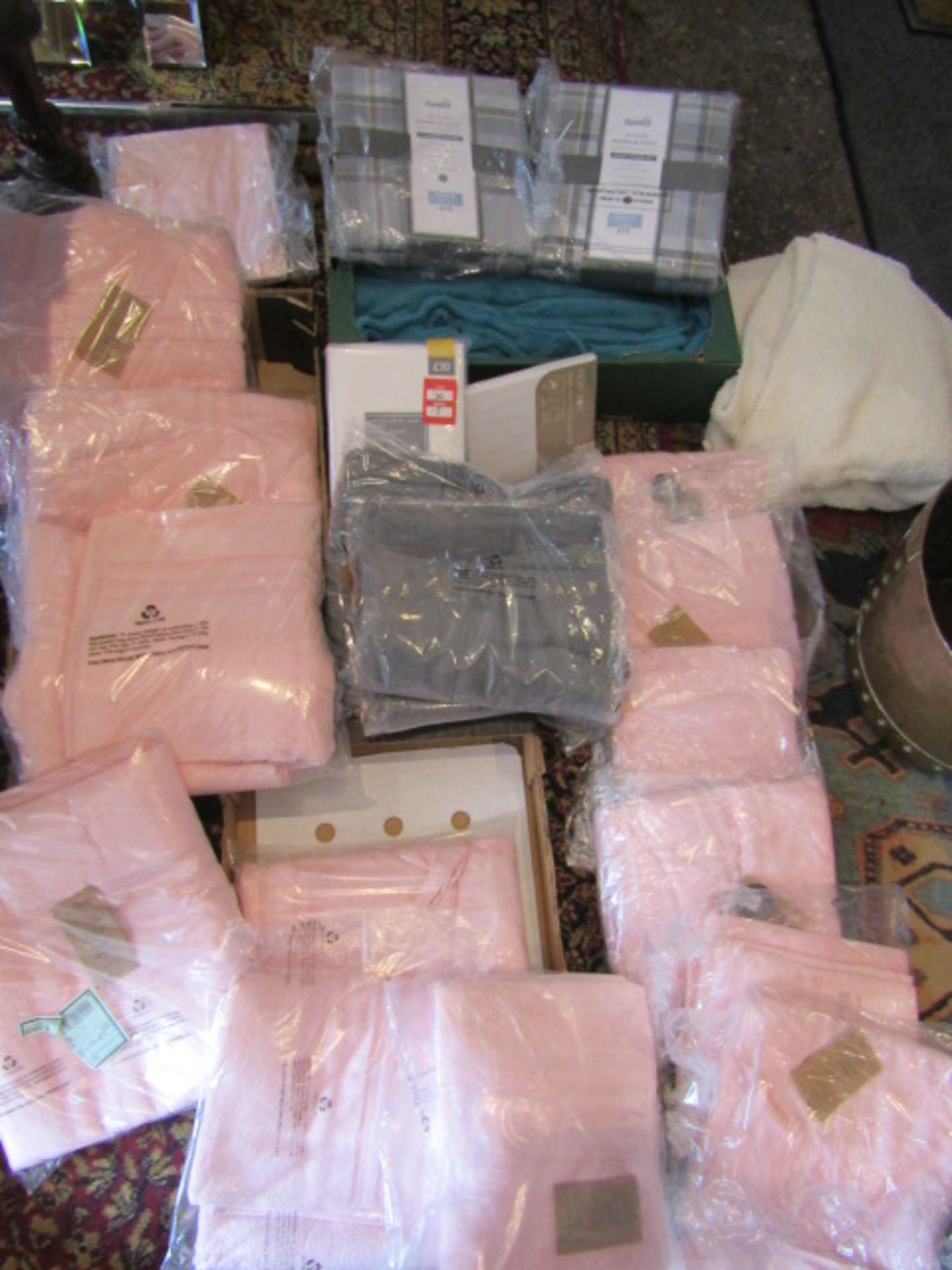 New bedding, new towels- approx 10 hand towels and 4-6 bath towels in pink, set grey towels, all new