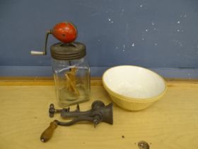 Vintage butter churn, mincer and mixing bowl