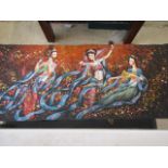 A large acrylic on leather? painting/ wall hanging  of Eastern women 280x50 cm