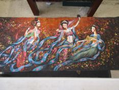 A large acrylic on leather? painting/ wall hanging  of Eastern women 280x50 cm