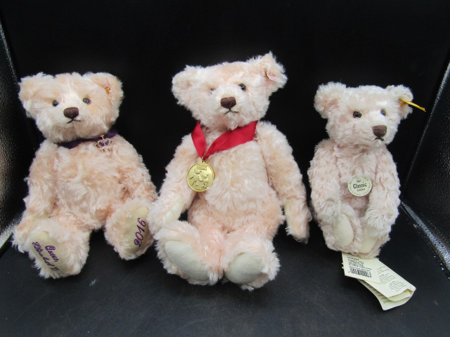 Steiff classic bear, QEII bear and 2013 Danbury Mint bear all pink in a Steiff box