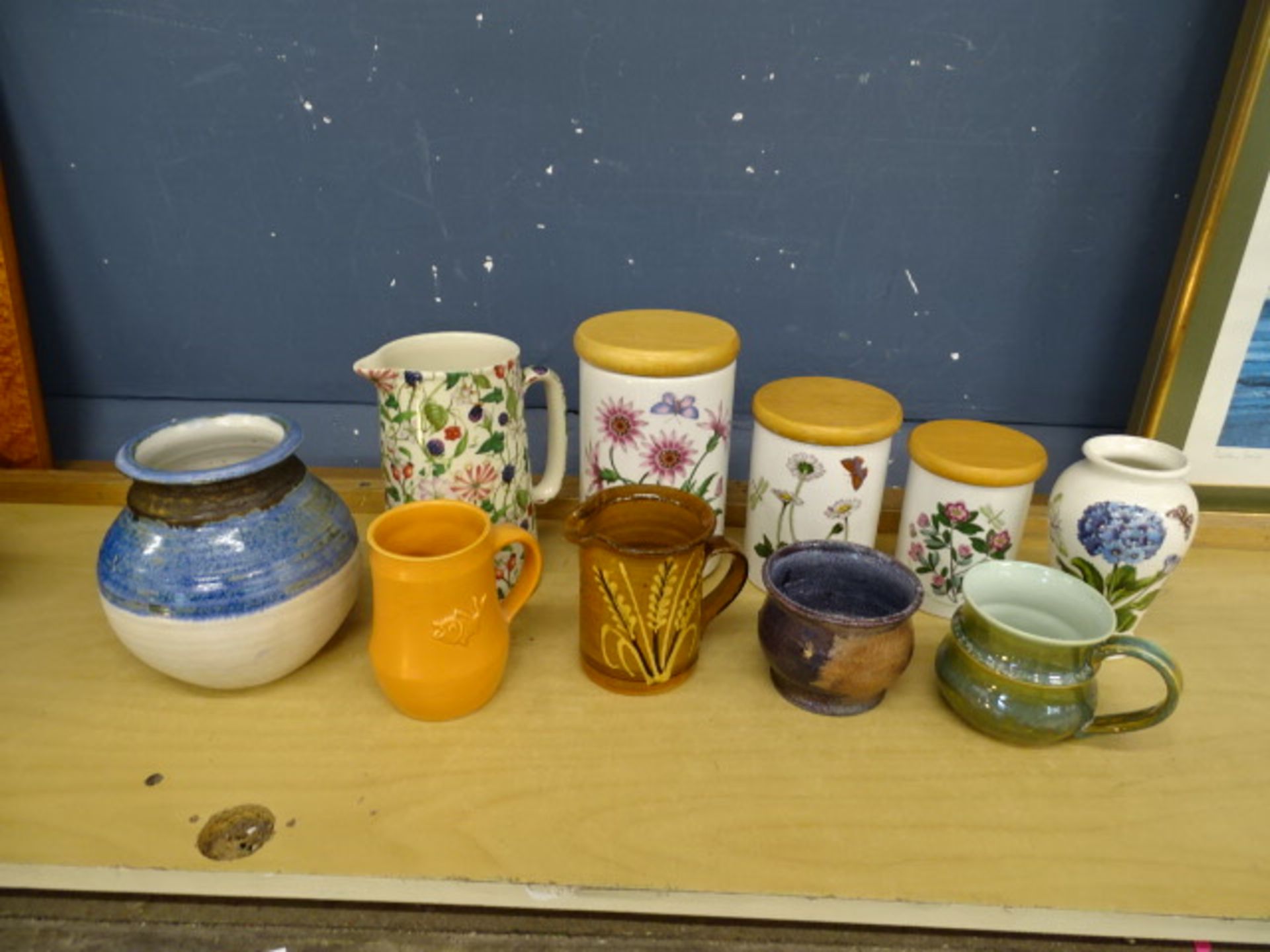 Portmeirion storage jars, vase and pottery to include Holkham Pottery etc