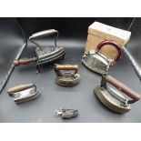 5 assorted flat/sad irons to incl Kendrick No.1 lace iron, N R S & Co Sensible No 4 iron made in the