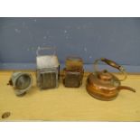 2 Antique signal lamps, bicycle lamp and copper kettle