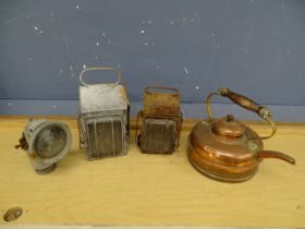 2 Antique signal lamps, bicycle lamp and copper kettle