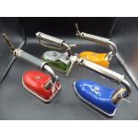 4 J Keith & Blackman Co Ltd patent 360555 coloured enamel irons in red, green, blue and orange