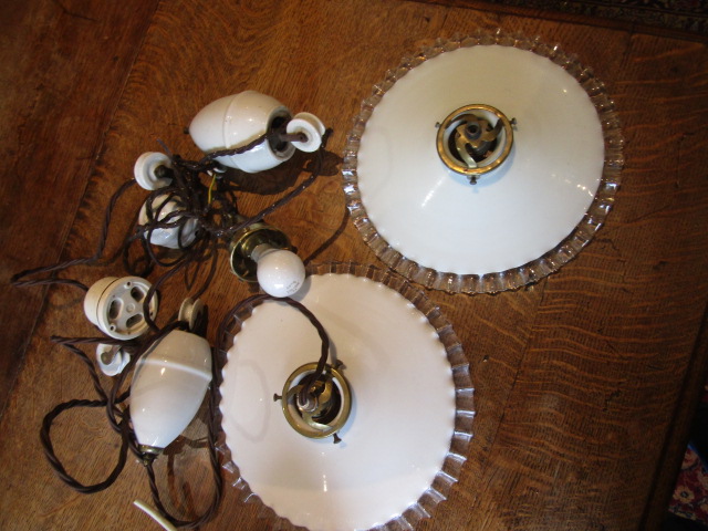 French drop lights with porcelain fixings plus a pair vintage glass shades (one cracked) - Image 2 of 5