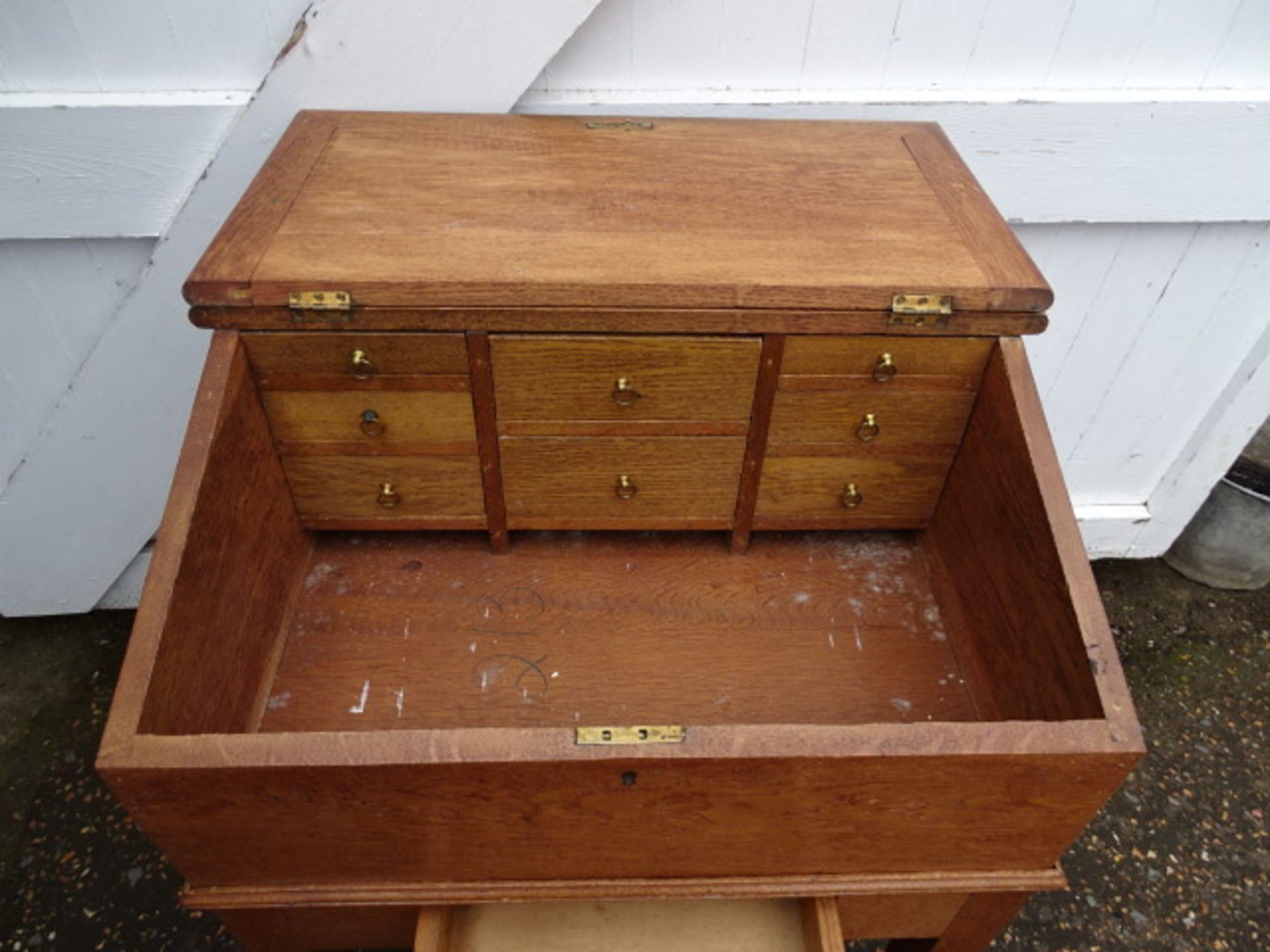 Antique oak lift top desk/bureau made in 1905 by Will Barrow of Southery, Norfolk H93cm W64cm - Image 4 of 5