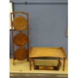 Lap tray, inlaid book trough and folding cake stand (missing leg)