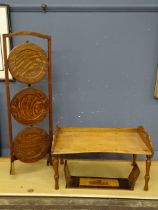 Lap tray, inlaid book trough and folding cake stand (missing leg)