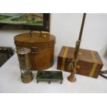 Collectors lot-brass pool table with cue's and balls, metal hat tin, Brass Davy lamp, copper horn