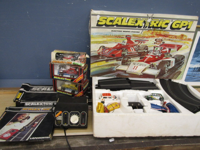 Scalextric GP1 with cars, lap counter, boxed track, boxed cars etc