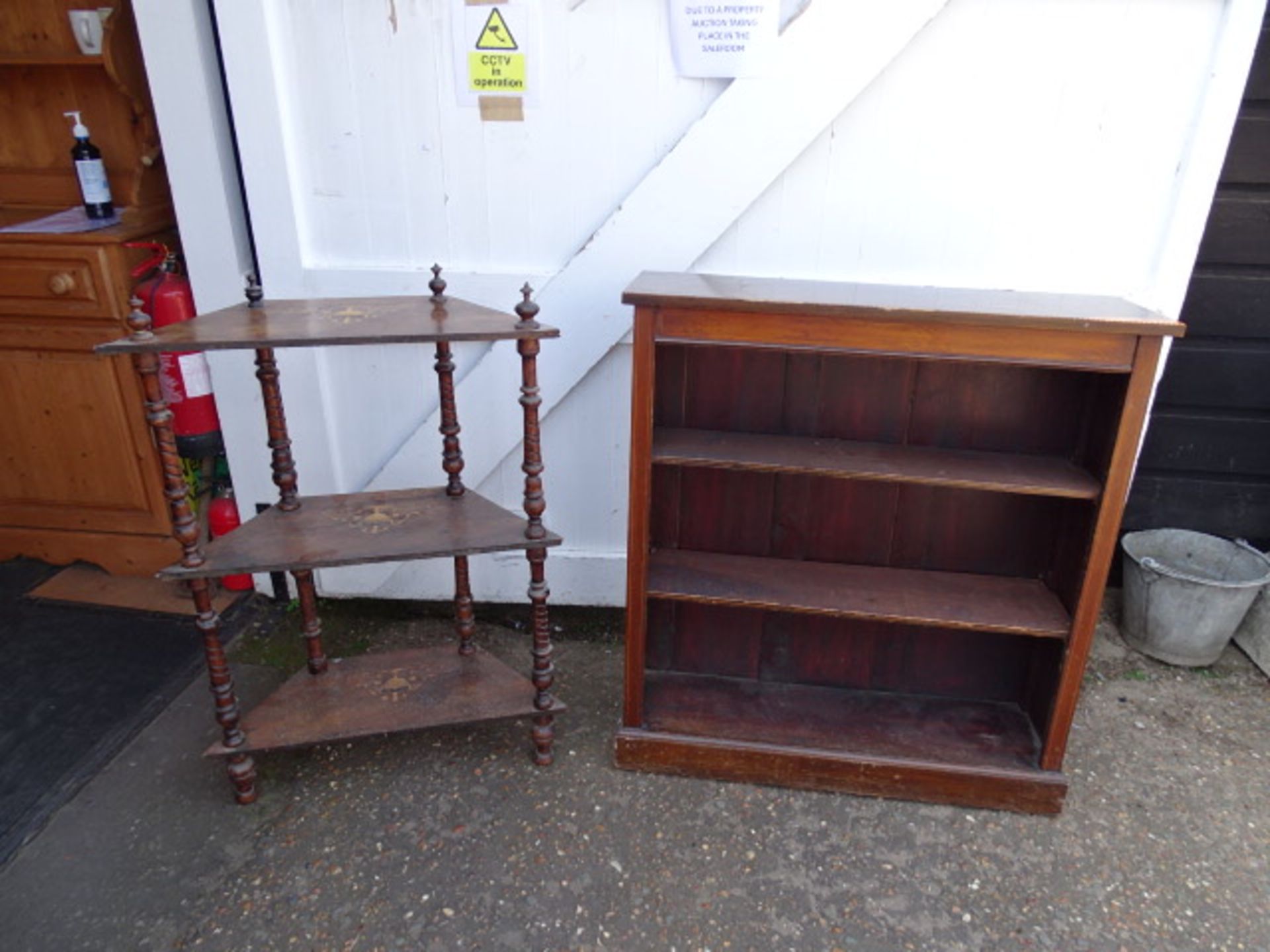 Inlaid bookcase and corner Whatnot with marquetry detail, both in need of restoration