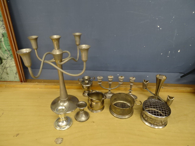 Silver plated candelabras and candlesticks etc
