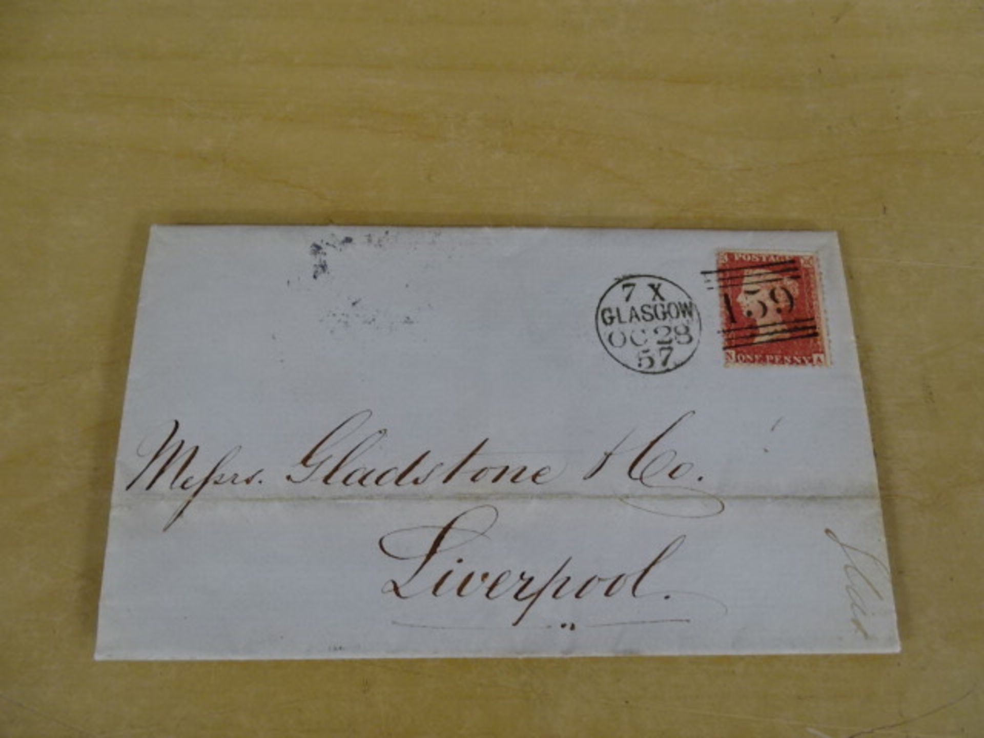 An entire cover with unbroken wax seal from Glasgow to Liverpool 1857 with penny red stamp