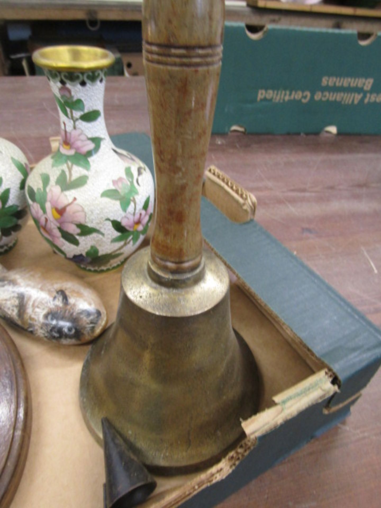 A treen bust and various collectables inc hand bell, cloisonne style vases, stone duck and brass - Image 5 of 6