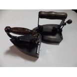 2 box irons with wooden handles with slugs incl B & O Liberg Rogenfors (scandanavian)