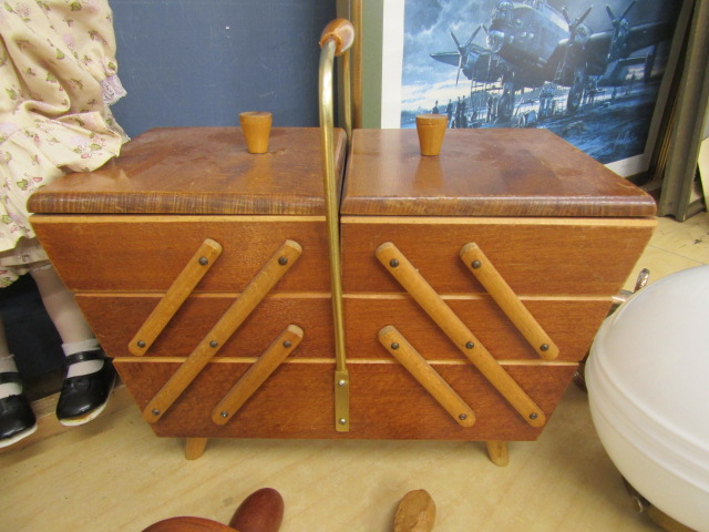 Sewing basket,  cantilever sewing box, sewing items, a porcelain faced doll, light globe and metal - Image 5 of 7