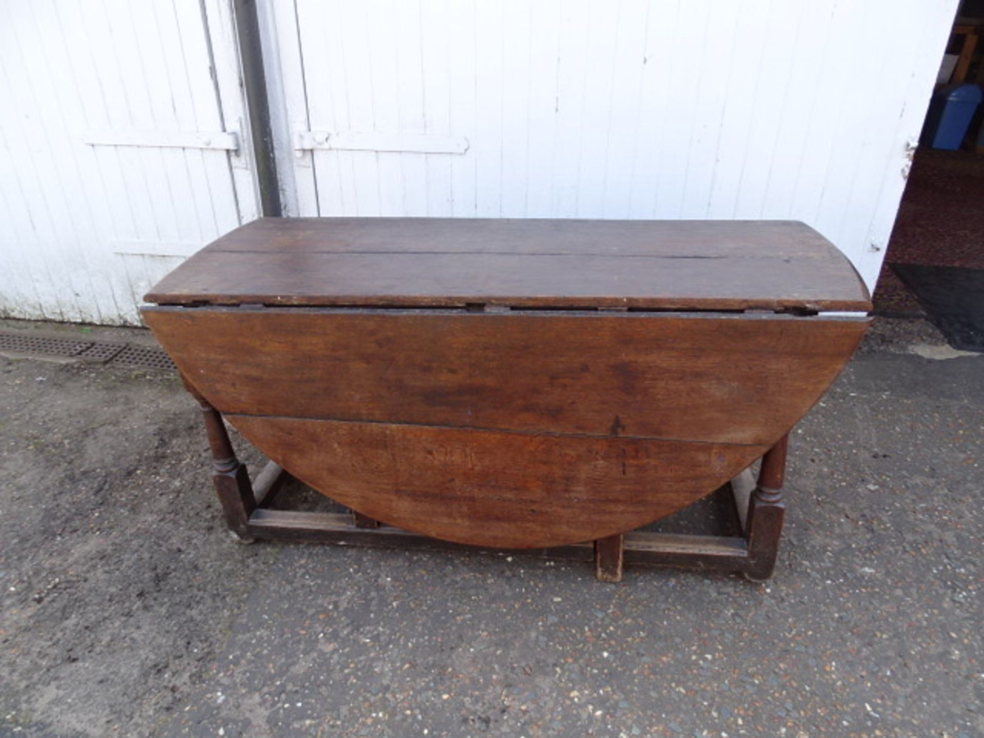 Large antique oak drop leaf dining table with drawer each end - Image 2 of 8