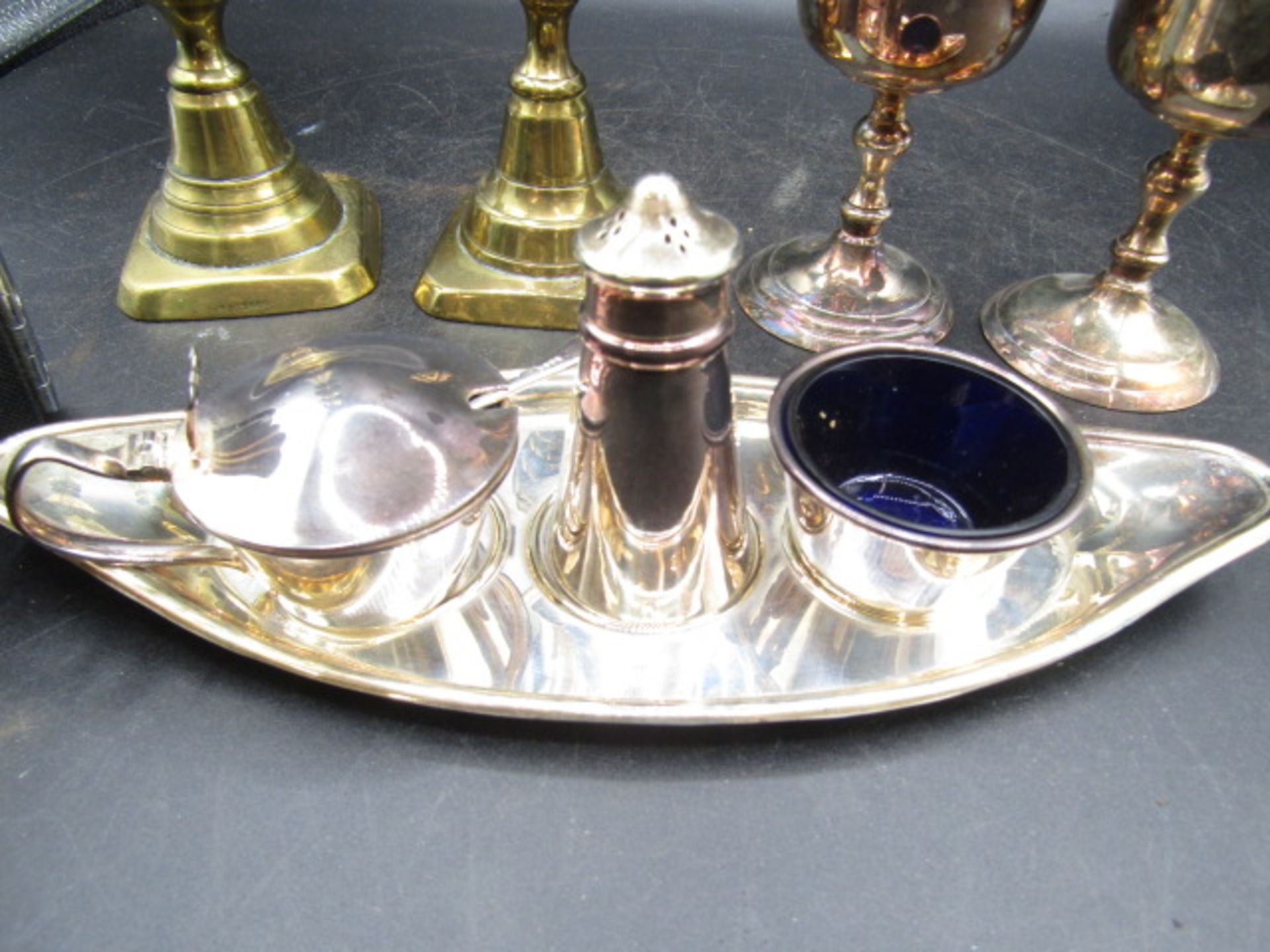 Metal cruet set, brass candlesticks, goblets and a vintage Kodak camera - Image 2 of 3