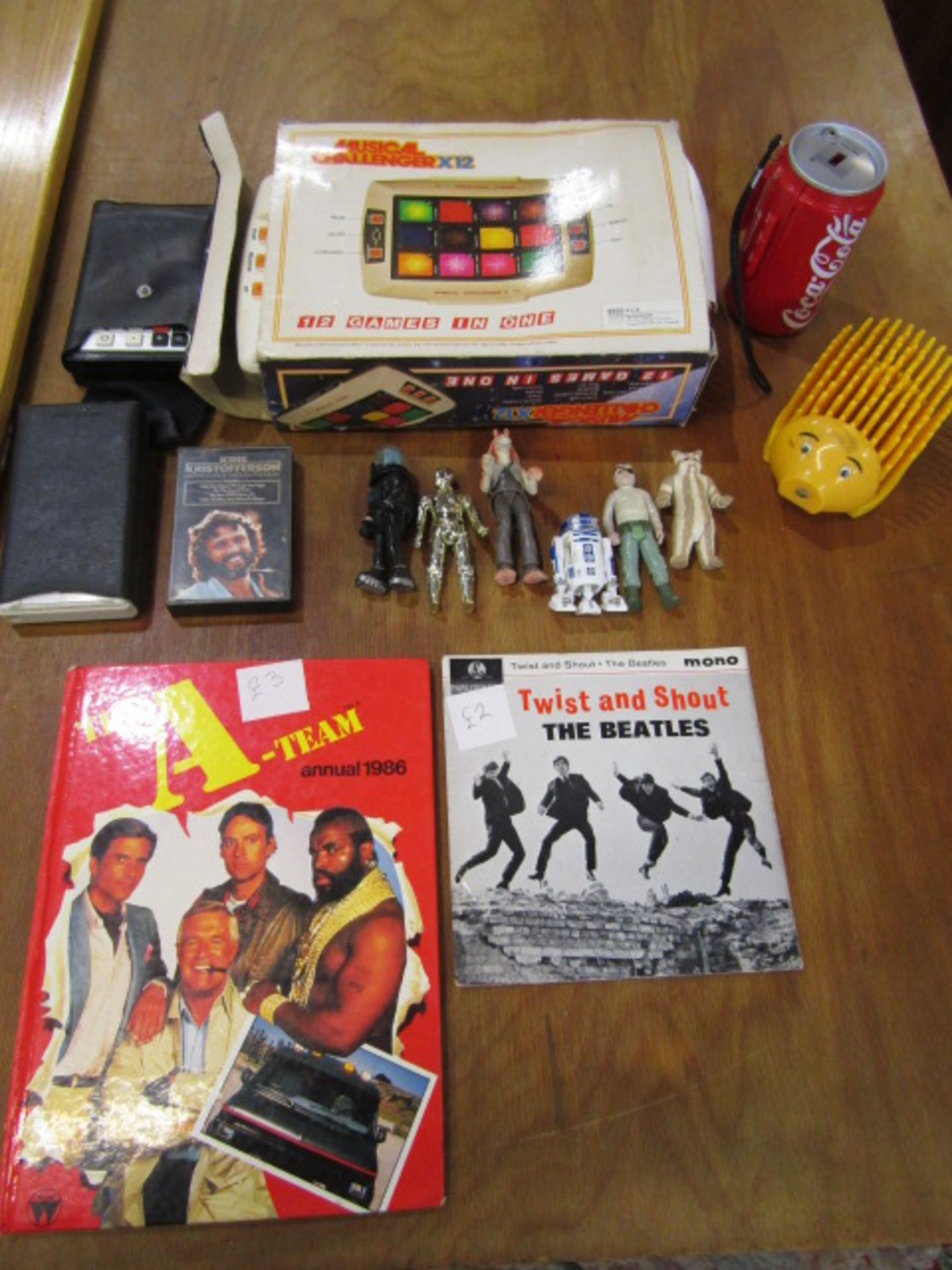 Star Wars figures, retro games console, Beatles single etc