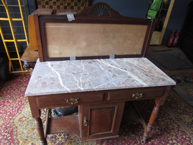 A washstand with marble top back has no tiles, one caster missing - Image 2 of 5