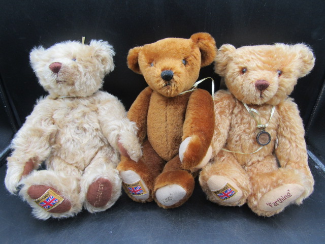 Merrythought ltd edition coin bears each with a coin Penny, Thruppence and Farthing
