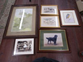 Antique dog print pair along with other animal related prints